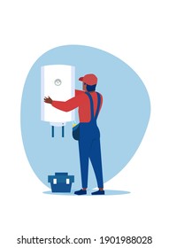 Vector of a professional plumber man  installing a water heater, a boiler 