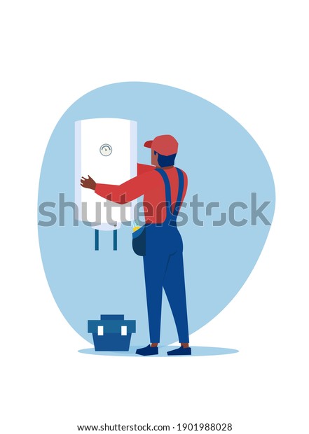 Vector of a professional plumber man  installing a water\
heater, a boiler 