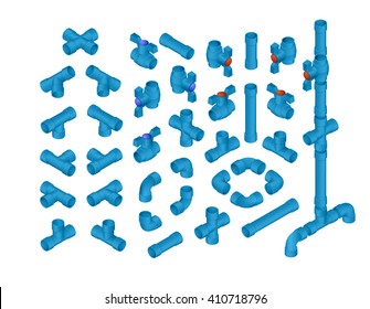 Vector Professional Set Of PVC Plumbing Elements For Cold Water. Full Isometric Views Collection