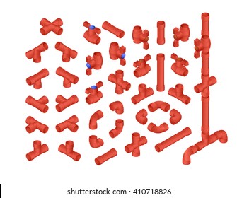 Vector Professional Set Of PVC Plumbing Elements For Hot Water. Full Isometric Views Collection