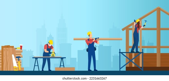 Vector of a professional team of carpenters at work, building a wood frame house structure