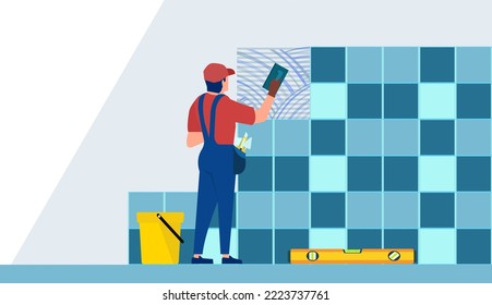 Vector of professional tiler installing tiles on a wall. Home renovation concept