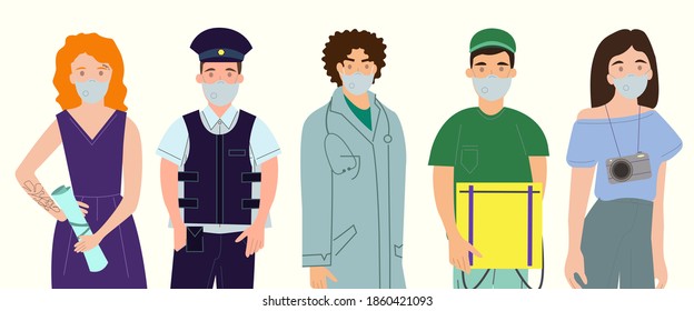 vector with professionals in medical masks standing on white, coronavirus concept