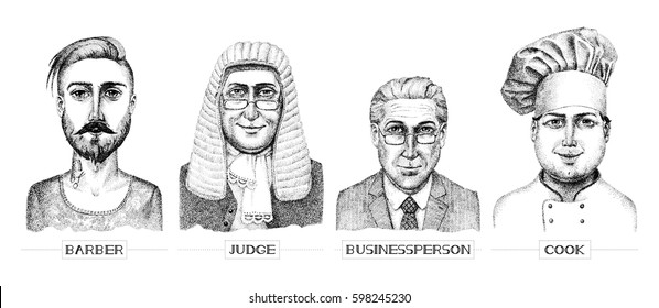 Vector professions portraits set in ink drawn style: barber, judge, businessman, cook. Vintage engraving style.