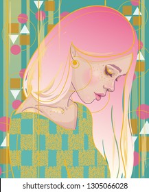 Vector of the profile of a beautiful girl with pink hair and gold earrings, gold paint and brushstrokes