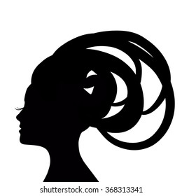 Vector profile of the beautiful girl, silhouette, logo design. Woman's face with long lashes and modern hairstyle