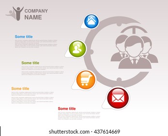 Vector Profile Of Company.  Infographic Template. Symbol Of Businessmen With Blue, Green, Orange, Red Button With Home Symbol,  About Us Symbol, Product Or Buy Symbol And Contact Symbol. 
