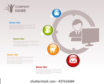 Vector profile of company.  Infographic template. Symbol of businessman with computer. Blue, green, orange and red button with Home symbol,  About us symbol, Product or Buy symbol and Contact symbol.
