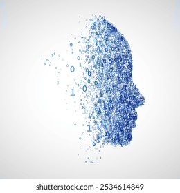 Vector profile of a human face formed by scattered binary numbers symbolizing data, AI, and digital transformation in an abstract style.