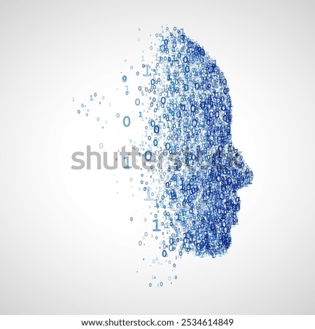 Vector profile of a human face formed by scattered binary numbers symbolizing data, AI, and digital transformation in an abstract style.