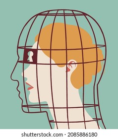 Vector profile portrait of abusive man represented as a birdcage in which a woman is trapped. Conceptual illustration depicting controlling relationship. 