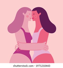 Vector profile portrait of two happy young women embraced, facing each other, isolated on a light pink background
