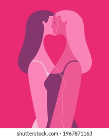 Vector profile portrait of two loving women, facing each other, whose bodies form a heart
