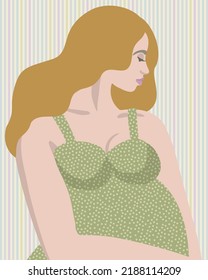 Vector profile portrait of young redhead pregnant woman in green dress on striped background.