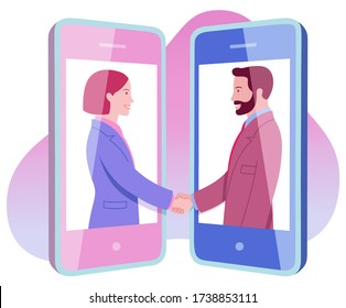 Vector profile portraits of young smiling business woman and man who agree remotely shaking hands on the screens of mobile phones