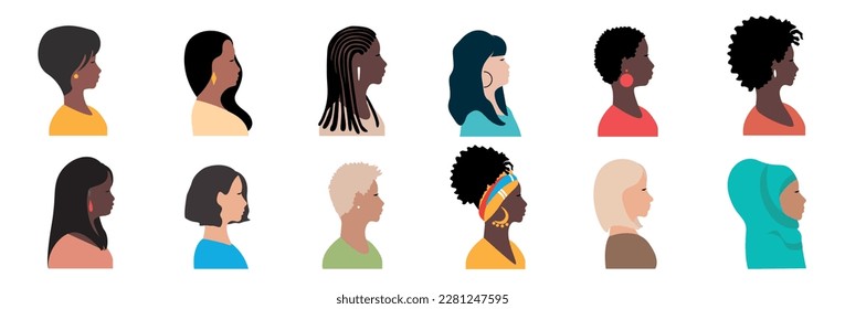 Vector profile set of beautiful women of different nationalities and cultures stand together. Feminism, women's friendship, equality, women's day, fight for women's rights.