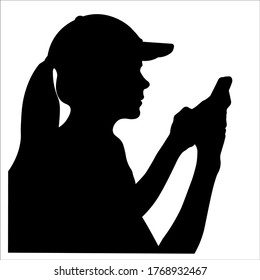 Silueta de perfil vectorial de una mujer usando un smartphone aislado en fondo blanco 