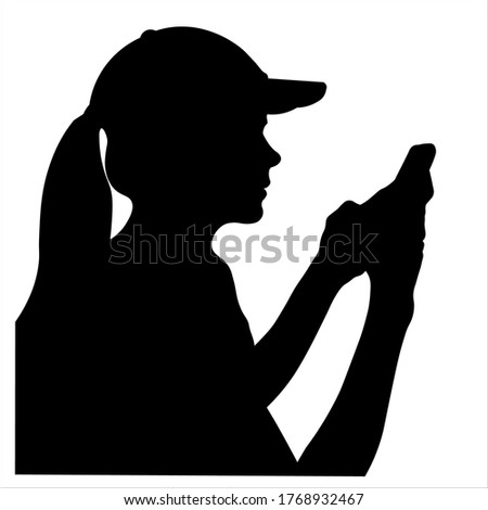 Vector profile silhouete of a woman using smartphone isolated on white background 
