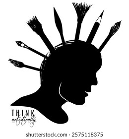 Vector profile silhouette of a human head incorporating creative art tools like brushes and pencils. Emphasizing creativity, artistry, and imagination