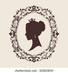 Vector profile silhouette of a princess in a frame. Jewelry salon design illustration