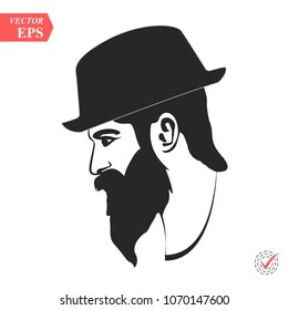 Vector profile view of sad bearded man wearing hat looking down eps