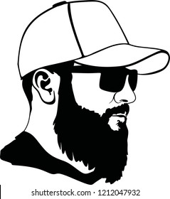 Vector profile view of sad bearded man wearing hat