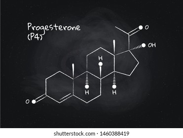 Vector progesterone structure banner illustration. Hormone associated with pregnancy. White chalk lines isolated on black board background. Design element for pharmacy, education, medical.