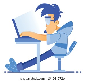 Vector programmer isolated on white background. Cartoon geek character. Working with notebook.