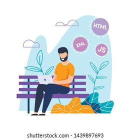 Vector Programmer or Web Designer Working Distantly on Laptop in Urban City Park Cartoon. Flat Smiling Bearded Man Sits on Bench. Creative Working Process Outdoors. Freelancer with Gadget Illustration