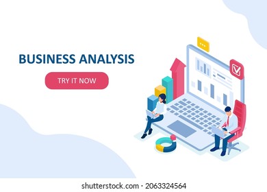 Vector of programmers working on laptop analysing internet data creating financial report