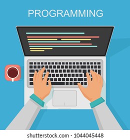 Vector programming, coding web development concept. Programmer top view with screen code.