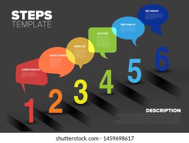 Vector progress speech bubbles template for six steps or options - dark background version
