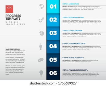 Vector progress template with six steps, descriptions and icons, vertical blue version with big numbers