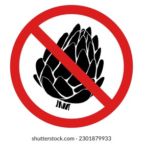 Vector prohibited sign with black silhouette of artichoke isolated from background. Red forbidden sticker with cabbage.  Allergy danger. Dont pick up vegetable. . Food clipart in ban.