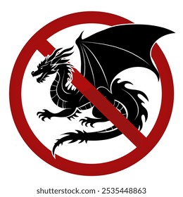 Signo de prohibición de Vector con silueta negra de dragón. No toques criaturas míticas. Peligro de la mordedura de un dragón de hadas. Signo prohibido para pegatinas