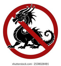 Vector prohibition sign with black silhouette of dragon. Do not touch mythical creatures. Danger of bite of fairy dragon. Mythological creatures are not allowed to enter.  Forbidden sign for stickers