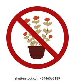 Signo de prohibición de Vector con un geranio en una olla aislada del fondo. Está prohibido cultivar flores en macetas. El peligro de extinción de las flores raras