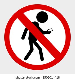 vector prohibition sign, No Mobile Phone While Walking, at gray background
