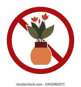 Signo de prohibición de Vector con una planta rara en una maceta aislada del fondo. Está prohibido cultivar flores en macetas. El peligro de extinción de las flores raras