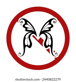 Vector prohibition sign with silhouette of butterfly wings. Insects are banned. Sticker for dichlorvos. Black silhouette wings in forbidden badge isolated from background