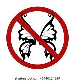 Vector prohibition sign with silhouette of fairy wings. Flying elves are banned. It is forbidden to play pranks. Entry to magical creatures is prohibited