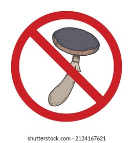 Vector prohibition sign with sketch of colorful toadstool with hatching. Do not pick poisonous mushroom. Danger of being poisoned. Fungus drawing in forbidden sign for logos and icons