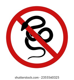 Señal de prohibición de vectores con silueta de serpiente. Peligro de mordida venenosa. No toque animales salvajes. Constrictor de boa en signo prohibido aislado de fondo