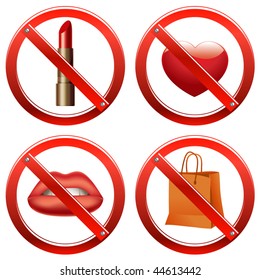 Vector Prohibition Signs - Set One (set of signs banning use of cosmetics, freedom of speech, manifestation of feelings, and shopping)