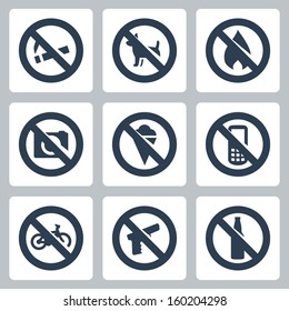 Vector "prohibitory signs" icons set: no smoking, no dogs, no fire, no cameras, no ice cream, no cell phones, no bicycles, no guns, no alcohol