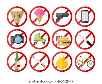 Vector prohibitory signs icons set no smoking dogs fire cameras ice cream cell phones bicycles guns alcohol food rollers knife