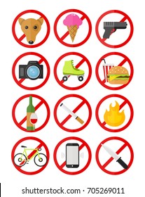Vector prohibitory signs icons set. No smoking, dogs, fire, cameras, ice cream, cell phones, bicycles, guns, alcohol, food, rollers, knife. Vector flat style cartoon illustration icon.Isolated on white background