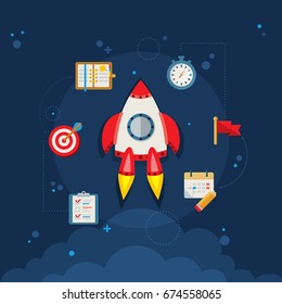 Vector project start up icons composition in flat style. Rocket ship in a space with time management icons.