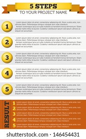 Vector project template with 5 steps text with golden buttons and ribbon
