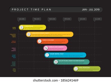 Vector project timeline graph - gantt progress chart with highlighet project tasks with icons in time intervals - dark background version